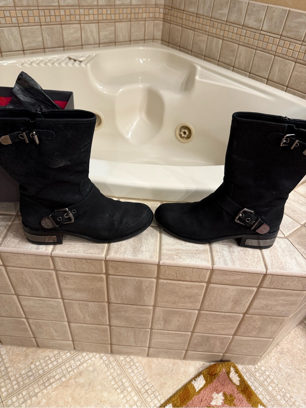 Vince Camuto Winchell Nero Black Silk/Goat Leather Moto Boots